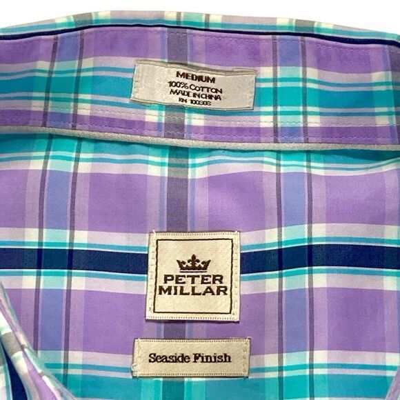 Peter Millar Button Front Shirt Mens M Blue Purple Plaid Casual Preppy Business - Picture 15 of 15